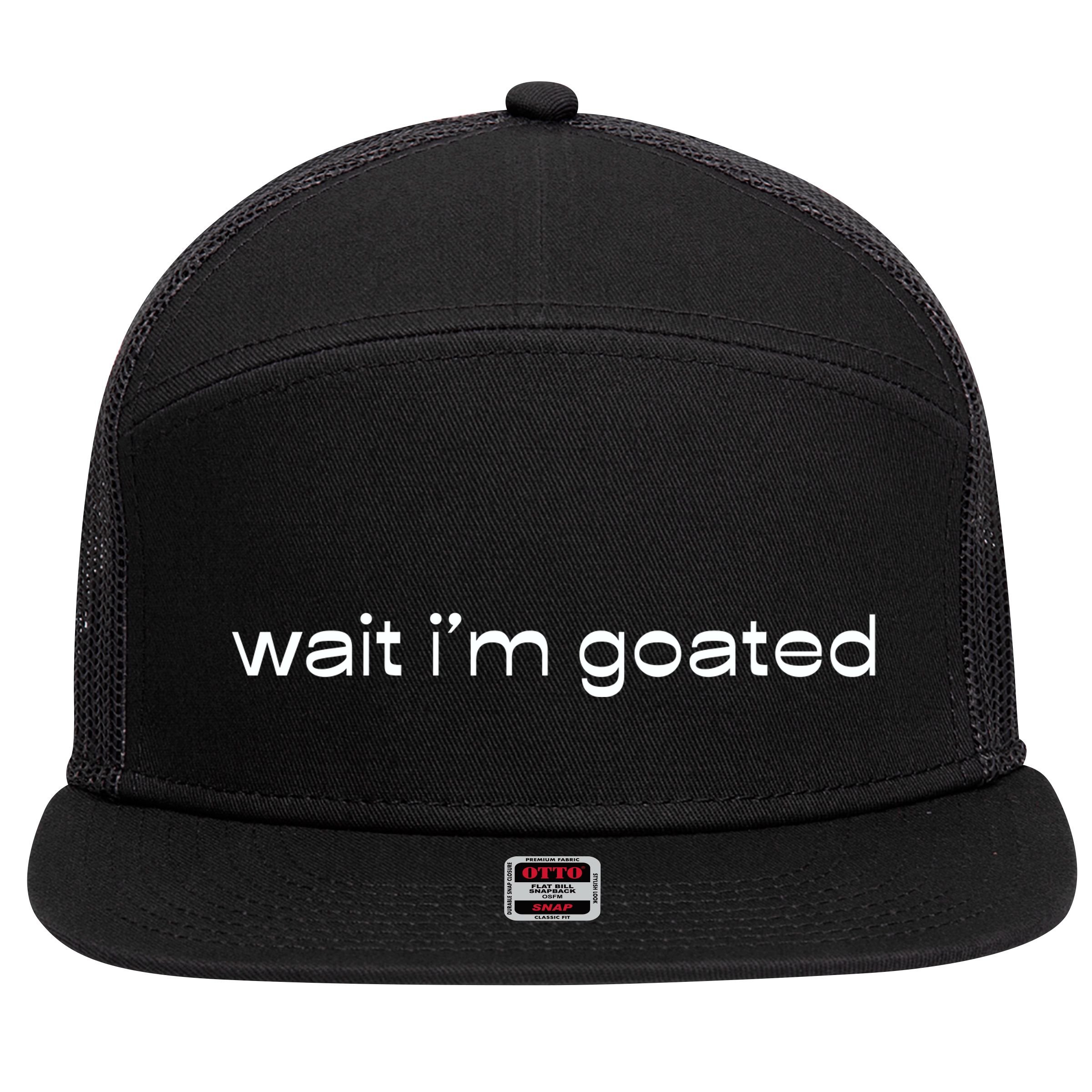 Wait IM Goated Funny Meme 7 Panel Mesh Trucker Snapback Hat
