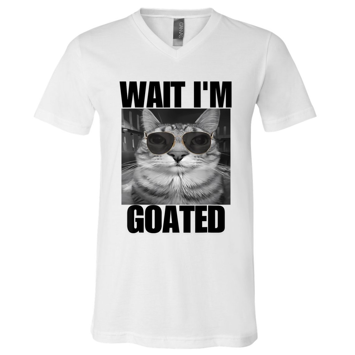 Wait IM Goated Funny Cat Meme Wearing Black Glasses V-Neck T-Shirt