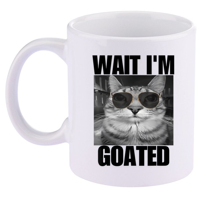 Wait IM Goated Funny Cat Meme Wearing Black Glasses 11oz C Handle Ceramic Mug
