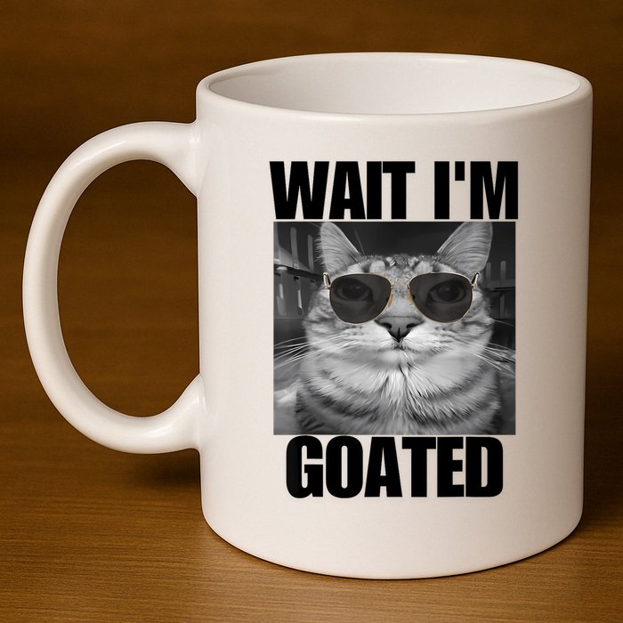 Wait IM Goated Funny Cat Meme Wearing Black Glasses 11oz C Handle Ceramic Mug