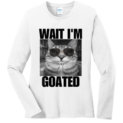 Wait IM Goated Funny Cat Meme Wearing Black Glasses Ladies Long Sleeve Shirt