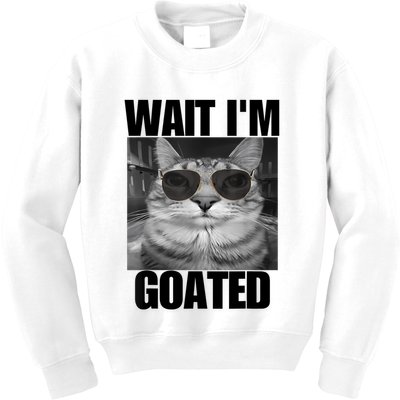 Wait IM Goated Funny Cat Meme Wearing Black Glasses Kids Sweatshirt
