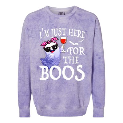 Women Im Just Here For The Boos Cute Halloween Ghost Wine Colorblast Crewneck Sweatshirt