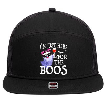 Women Im Just Here For The Boos Cute Halloween Ghost Wine 7 Panel Mesh Trucker Snapback Hat