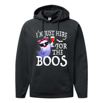 Women Im Just Here For The Boos Cute Halloween Ghost Wine Performance Fleece Hoodie