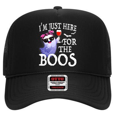 Women Im Just Here For The Boos Cute Halloween Ghost Wine High Crown Mesh Back Trucker Hat