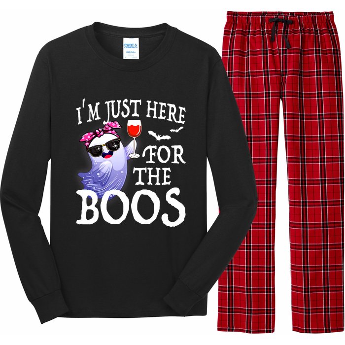 Women Im Just Here For The Boos Cute Halloween Ghost Wine Long Sleeve Pajama Set