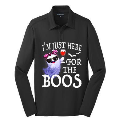 Women Im Just Here For The Boos Cute Halloween Ghost Wine Silk Touch Performance Long Sleeve Polo