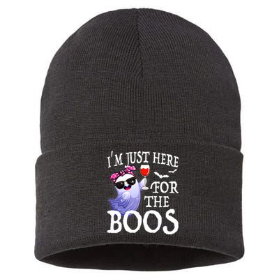 Women Im Just Here For The Boos Cute Halloween Ghost Wine Sustainable Knit Beanie