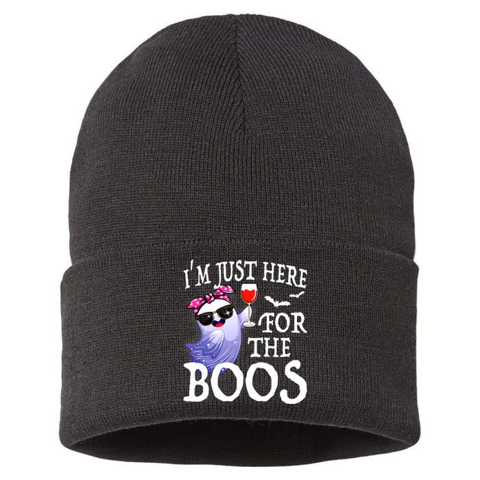 Women Im Just Here For The Boos Cute Halloween Ghost Wine Sustainable Knit Beanie