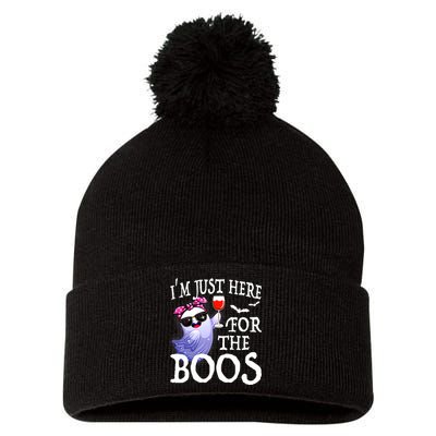 Women Im Just Here For The Boos Cute Halloween Ghost Wine Pom Pom 12in Knit Beanie