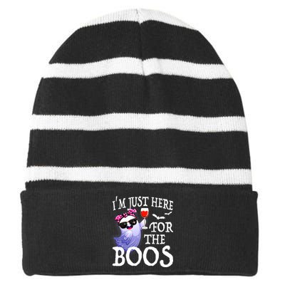 Women Im Just Here For The Boos Cute Halloween Ghost Wine Striped Beanie with Solid Band