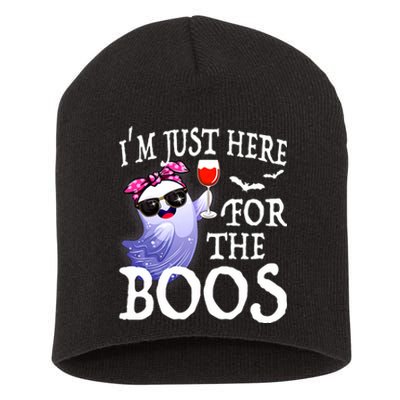 Women Im Just Here For The Boos Cute Halloween Ghost Wine Short Acrylic Beanie