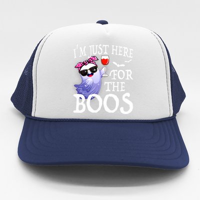 Women Im Just Here For The Boos Cute Halloween Ghost Wine Trucker Hat