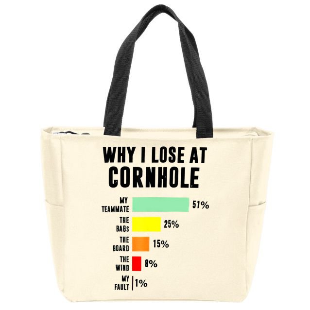 Why I Lose At Cornhole My Teammate 51% The Bags 25% Zip Tote Bag