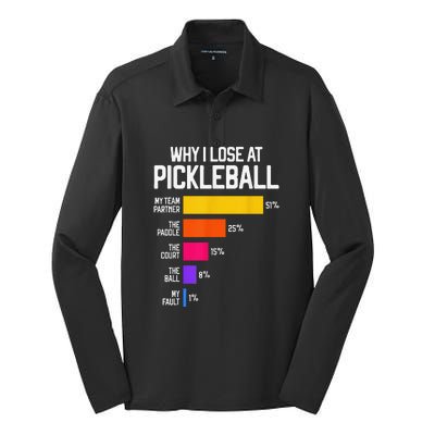 Why I Lose At Pickleball Humor Funny Pickleballers Silk Touch Performance Long Sleeve Polo