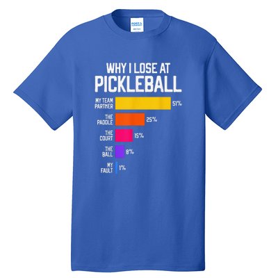 Why I Lose At Pickleball Humor Funny Pickleballers Tall T-Shirt