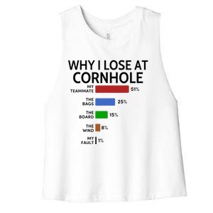 Why I Lose At Cornhole My Teammate 51 The Bags 25 Women's Racerback Cropped Tank