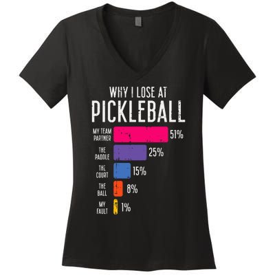 Why I Lose At Pickleball Funny Pickle Ball Women's V-Neck T-Shirt