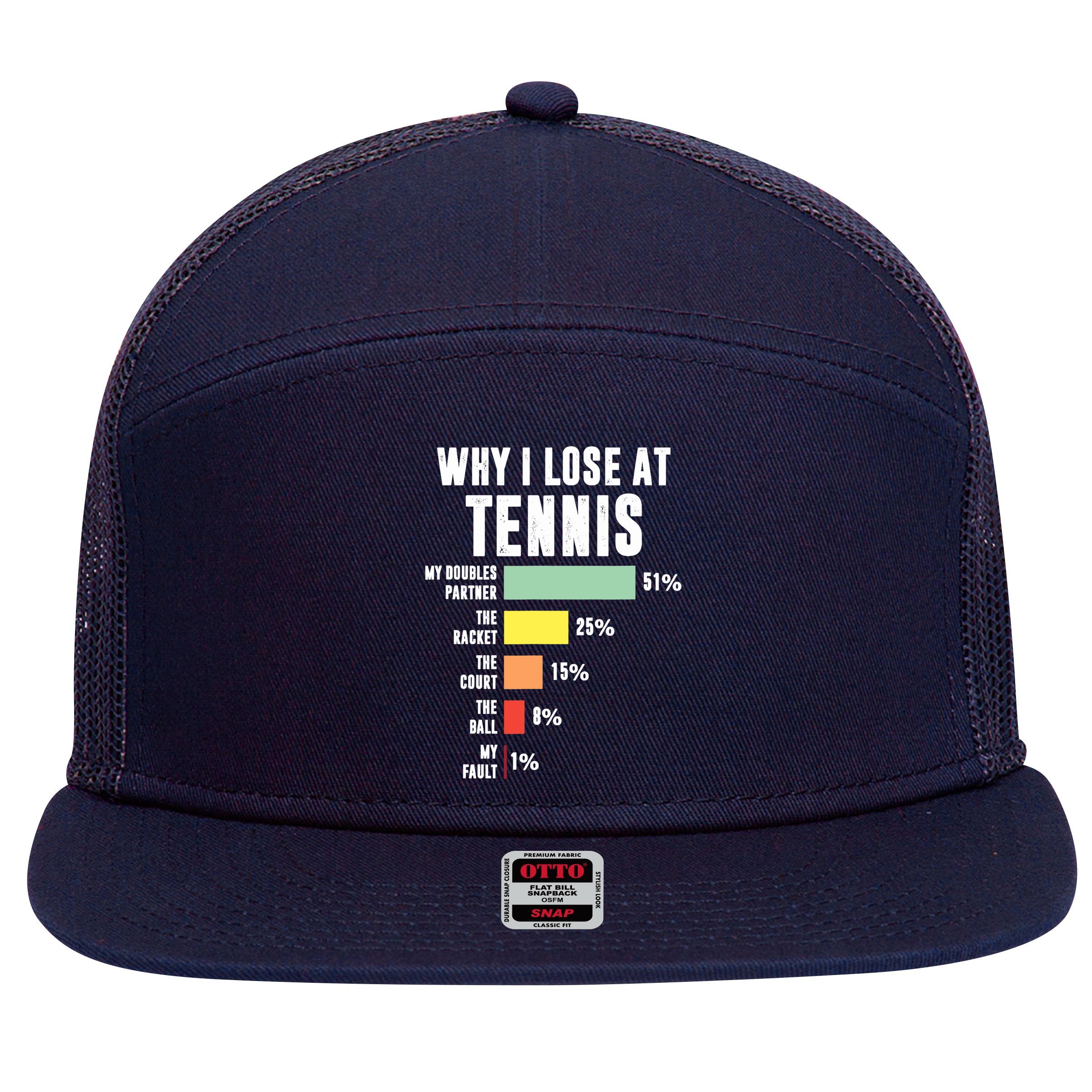 Why I Lose At Tennis, Funny Tennis Player 7 Panel Mesh Trucker Snapback Hat