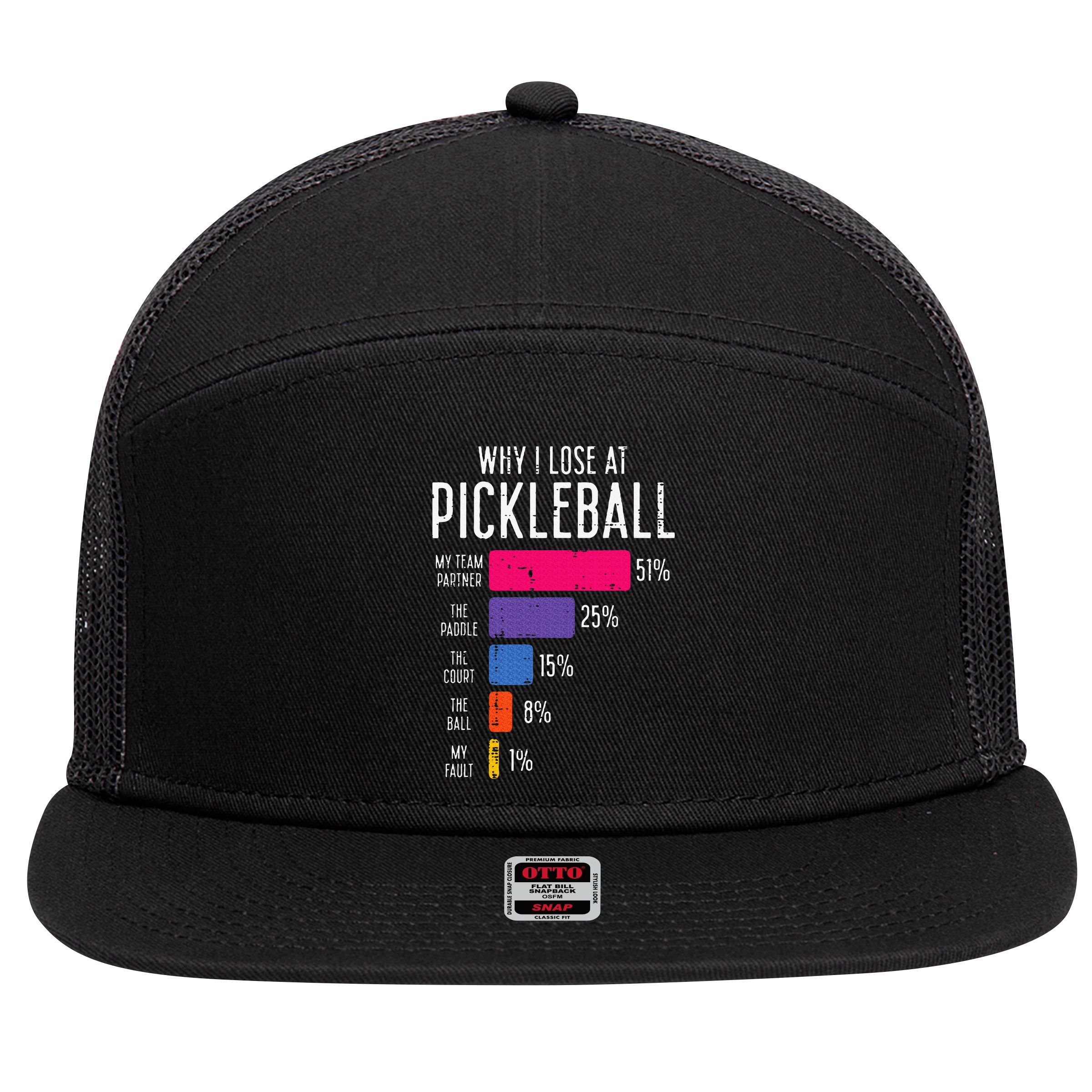 Why I Lose At Pickleball Funny Pickle Ball 7 Panel Mesh Trucker Snapback Hat