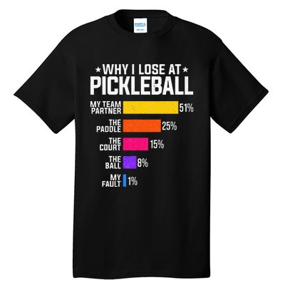 Why I Lose At Pickleball Humor Funny Pickleballers Tall T-Shirt