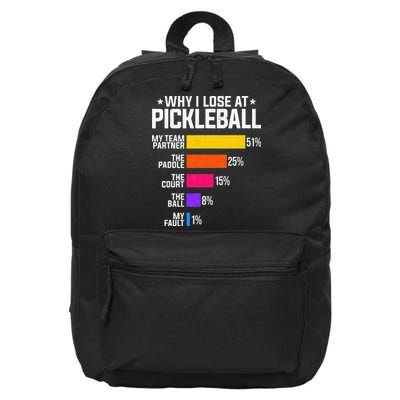 Why I Lose At Pickleball Humor Funny Pickleballers 16 in Basic Backpack
