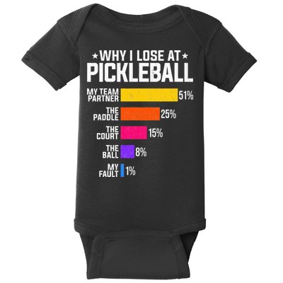 Why I Lose At Pickleball Humor Funny Pickleballers Baby Bodysuit