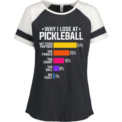 Why I Lose At Pickleball Humor Funny Pickleballers Enza Ladies Jersey Colorblock Tee