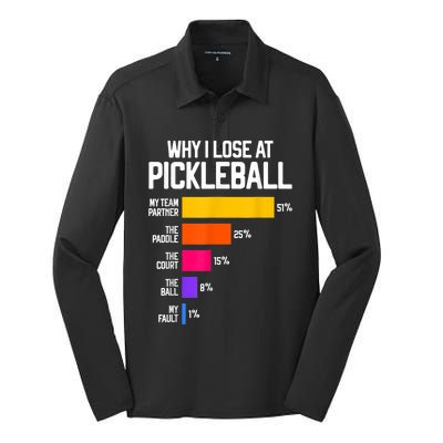 Why I Lose at Pickleball Humor Funny Pickleballers Silk Touch Performance Long Sleeve Polo