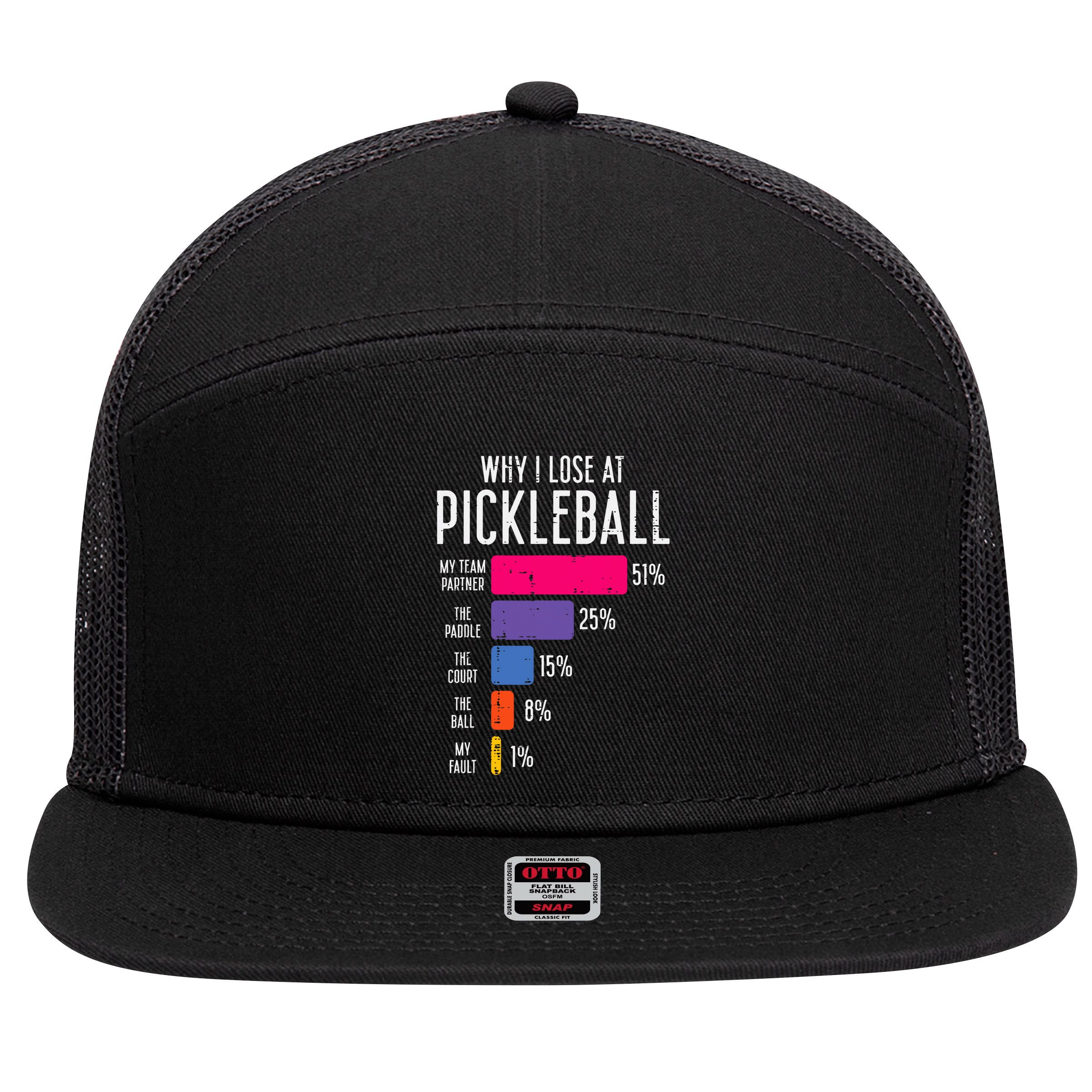 Why I Lose At Pickleball Funny Pickle Ball Women Men Kids 7 Panel Mesh Trucker Snapback Hat