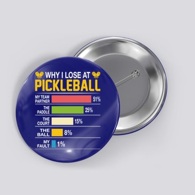 Why I Lose At Pickleball Funny Losing Game Sports Graphic Gift Button