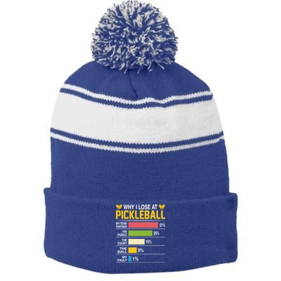 Why I Lose At Pickleball Funny Losing Game Sports Graphic Gift Stripe Pom Pom Beanie
