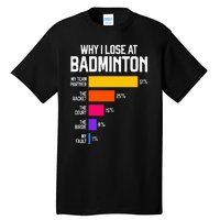 Why I Lose At Badminton Funny Excuses Shuttlecock Birdie Tall T-Shirt