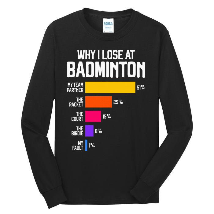 Why I Lose At Badminton Funny Excuses Shuttlecock Birdie Tall Long Sleeve T-Shirt