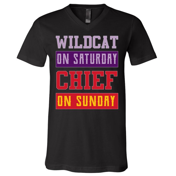 Wildcat On Saturday Chief On Sunday V-Neck T-Shirt