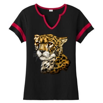 Wildlife - Big Face Cheetah Portrait Ladies Halftime Notch Neck Tee