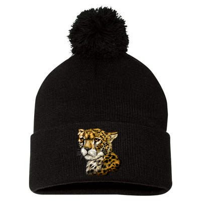 Wildlife - Big Face Cheetah Portrait Pom Pom 12in Knit Beanie