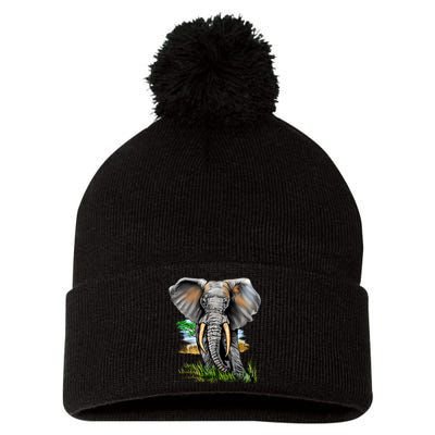 Wildlife - Big Face Elephant Portrait Pom Pom 12in Knit Beanie