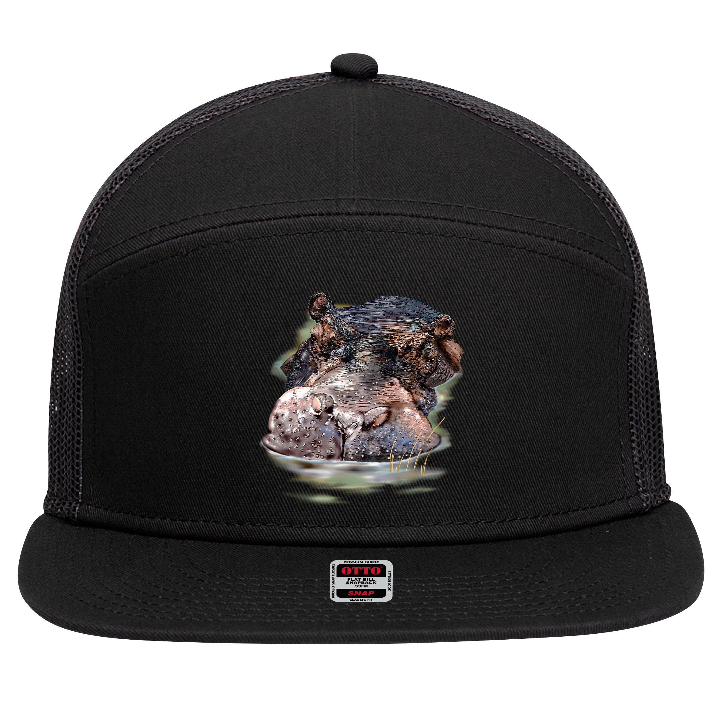 Wildlife - Big Face Hippo Portrait 7 Panel Mesh Trucker Snapback Hat
