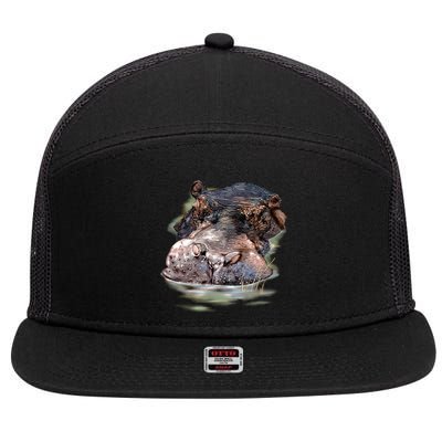 Wildlife - Big Face Hippo Portrait 7 Panel Mesh Trucker Snapback Hat