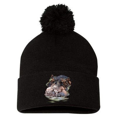 Wildlife - Big Face Hippo Portrait Pom Pom 12in Knit Beanie