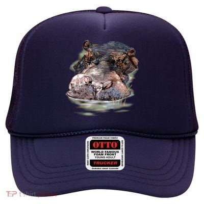 Wildlife - Big Face Hippo Portrait High Crown Mesh Back Trucker Hat