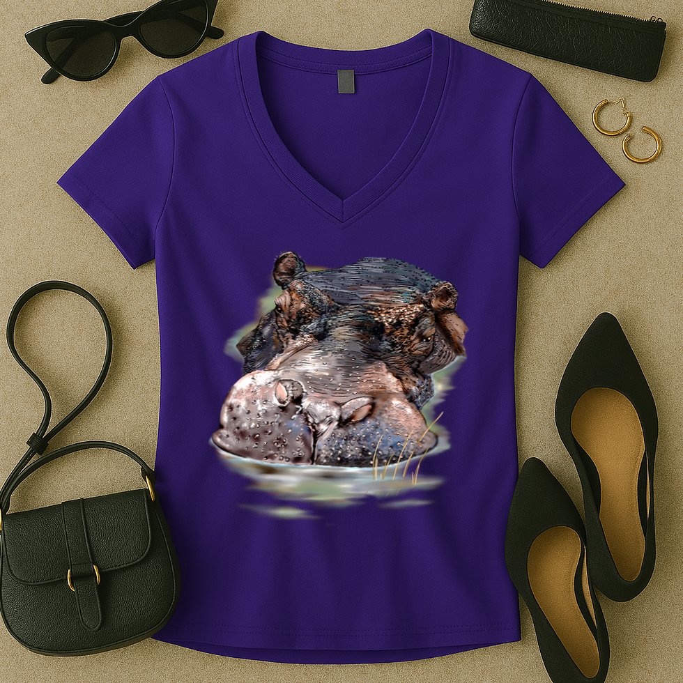 Wildlife - Big Face Hippo Portrait Women's V-Neck T-Shirt