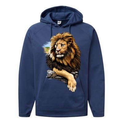 Wildlife - Big Face Proud Lion Portrait Performance Fleece Hoodie