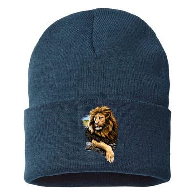 Wildlife - Big Face Proud Lion Portrait Sustainable Knit Beanie