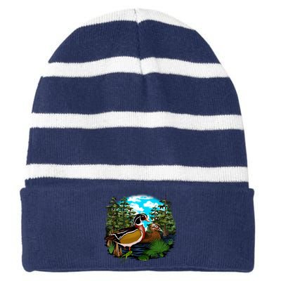 Wildlife - Ducks Portrait Striped Beanie with Solid Band