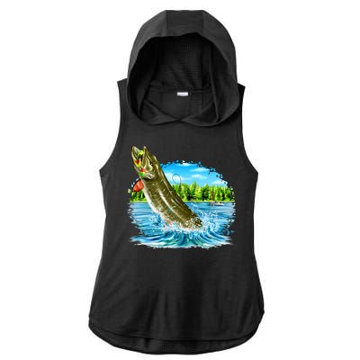 Wildlife - Fishing Muskie Fish Portrait Ladies PosiCharge Tri-Blend Wicking Draft Hoodie Tank