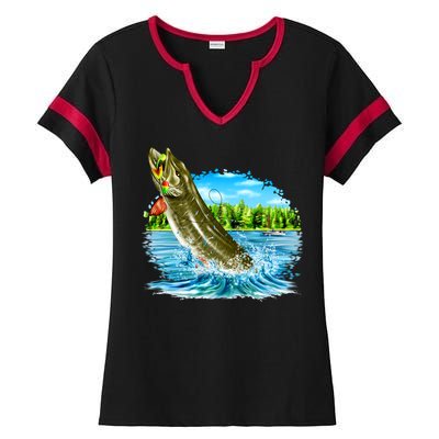 Wildlife - Fishing Muskie Fish Portrait Ladies Halftime Notch Neck Tee