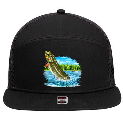 Wildlife - Fishing Muskie Fish Portrait 7 Panel Mesh Trucker Snapback Hat